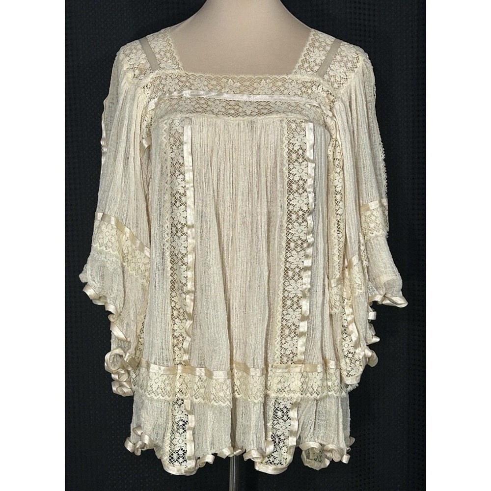 Vintage 70s Boho Cotton Gauze Hippie Blouse Top Dramatic Angel Sleeves S/M
